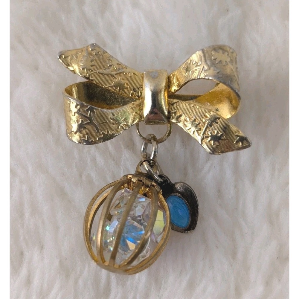 Vintage Gold Tone Bow Brooch‎ Caged AB Crystal Charm Heart Dangle 1960s Jewelry